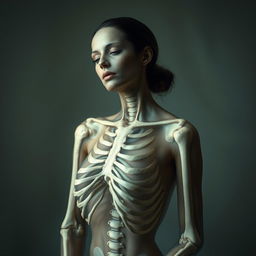 An artistic depiction of a woman who appears as a skeleton partially covered with translucent skin