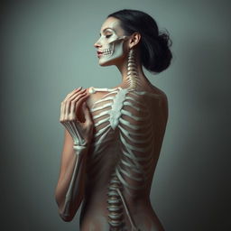 An artistic depiction of a woman who appears as a skeleton partially covered with translucent skin