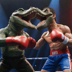 An image of an enormous, anthropomorphic crocodile with oversized boxing gloves, delivering a fierce punch to President Rodrigo Duterte while simultaneously attempting to bite an agile Manny Pacquiao under a dramatically lit backdrop