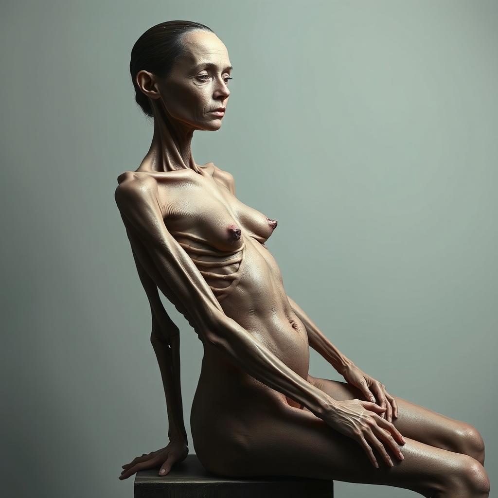 An artistic representation of a woman with an emaciated appearance, weighing approximately 60 lbs