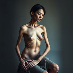 An artistic representation of a woman with an emaciated appearance, weighing approximately 60 lbs