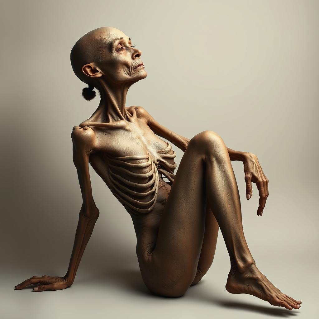 An artistic representation of a woman with an emaciated appearance, weighing approximately 60 lbs