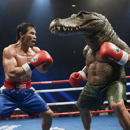 An image of an enormous, anthropomorphic crocodile with oversized boxing gloves, delivering a fierce punch to President Rodrigo Duterte while simultaneously attempting to bite an agile Manny Pacquiao under a dramatically lit backdrop