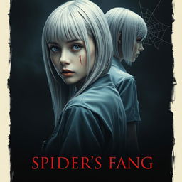 A dark, atmospheric movie poster featuring a young and beautiful woman with straight white hair and piercing blue eyes, dressed in a doctor's uniform, with a streak of blood on her cheek