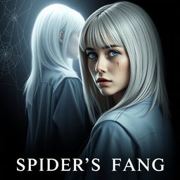 A dark, atmospheric movie poster featuring a young and beautiful woman with straight white hair and piercing blue eyes, dressed in a doctor's uniform, with a streak of blood on her cheek