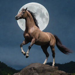 An image of a Tikbalang, a mythical creature in the Philippine folklore, standing tall and majestic. Its horse head, muscular human body, and hooved feet highlighting its fearsome and magical nature under a full moon.