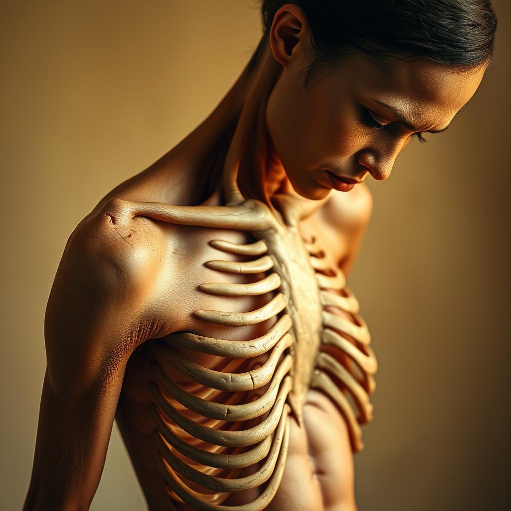 A striking representation of a woman weighing approximately 60 lbs, depicted with skin drawn tightly over her skeletal frame