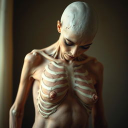 A striking representation of a woman weighing approximately 60 lbs, depicted with skin drawn tightly over her skeletal frame