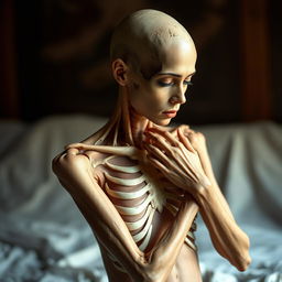 A striking representation of a woman weighing approximately 60 lbs, depicted with skin drawn tightly over her skeletal frame