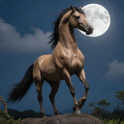 An image of a Tikbalang, a mythical creature in the Philippine folklore, standing tall and majestic. Its horse head, muscular human body, and hooved feet highlighting its fearsome and magical nature under a full moon.