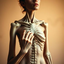 A striking representation of a woman weighing approximately 60 lbs, depicted with skin drawn tightly over her skeletal frame