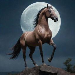 An image of a Tikbalang, a mythical creature in the Philippine folklore, standing tall and majestic. Its horse head, muscular human body, and hooved feet highlighting its fearsome and magical nature under a full moon.