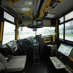 The interior of a penitentiary bus driver's cabin, featuring high-tech security dashboard, reinforced driver's seat, and an advanced feedback system to monitor the onboard prisoner compartments.