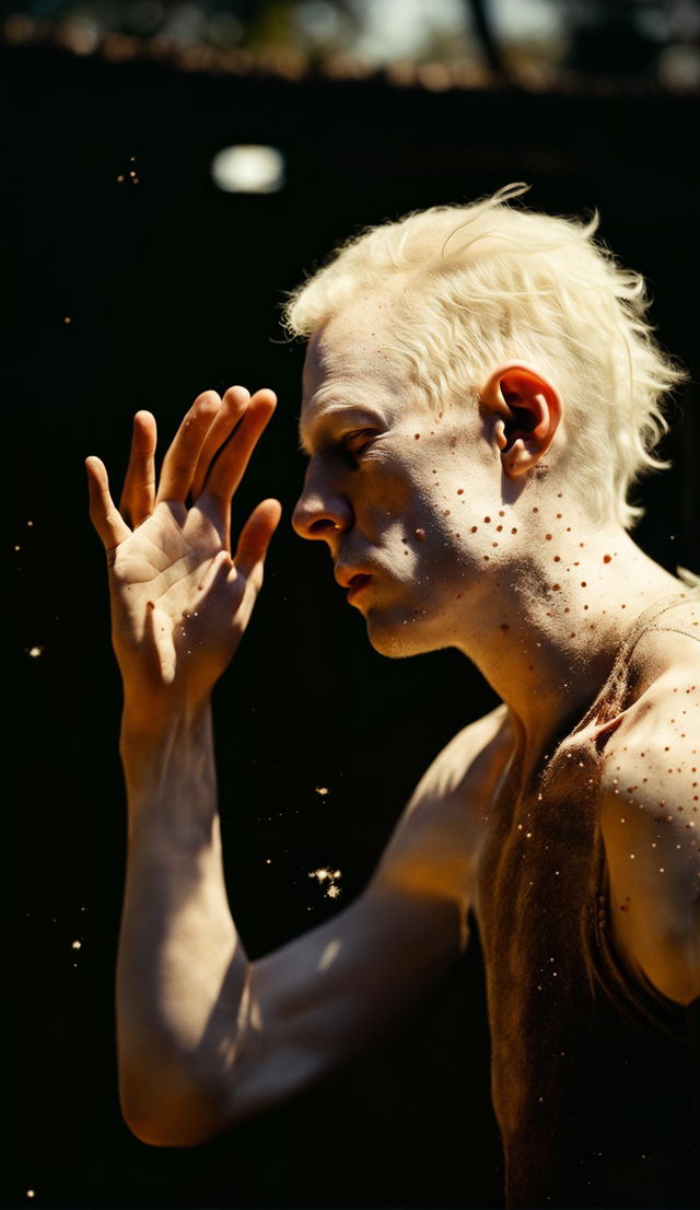 High-resolution candid photograph of an albino man outdoors, holding up his hand to shade his eyes from the sun, captured in side profile. Detailed depiction of sunlight and dust particles.