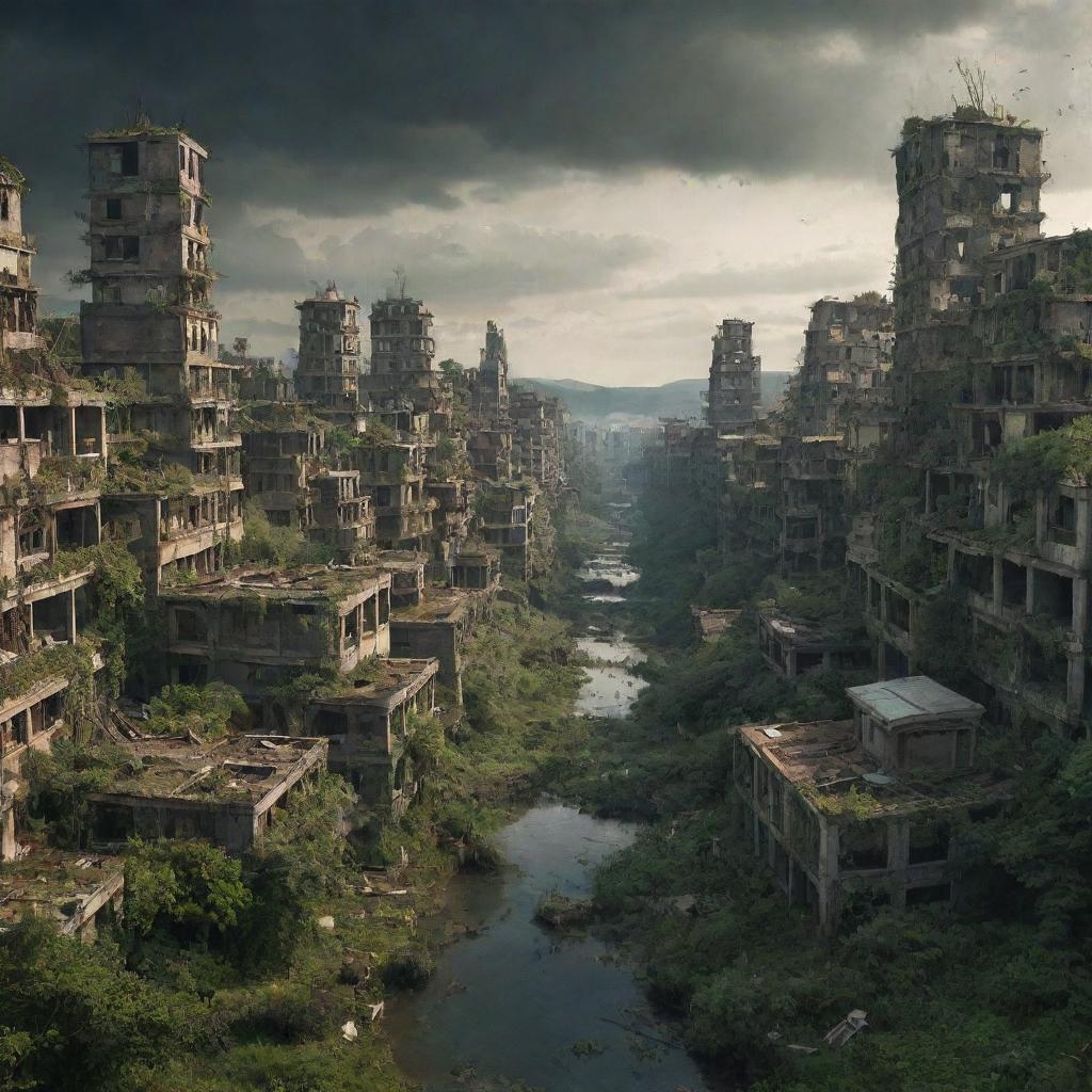 A scene depicting the end of human civilization, with abandoned cities gradually being reclaimed by nature.