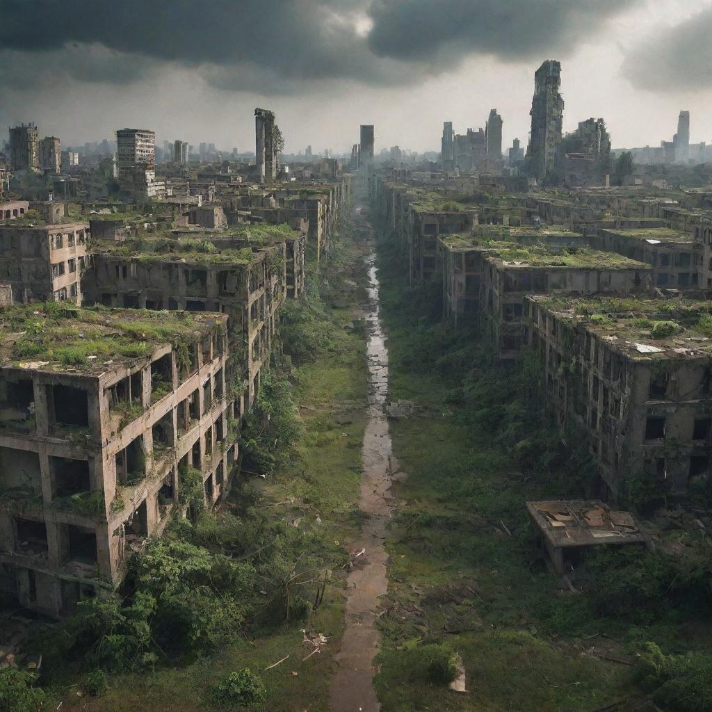 A scene depicting the end of human civilization, with abandoned cities gradually being reclaimed by nature.