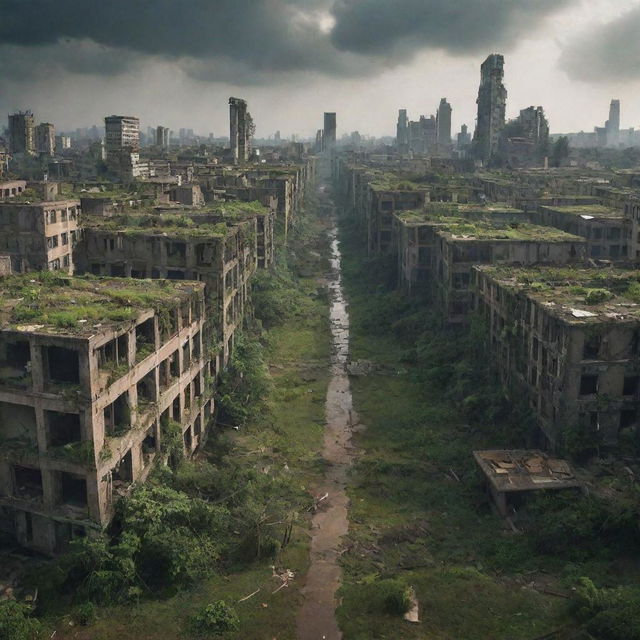 A scene depicting the end of human civilization, with abandoned cities gradually being reclaimed by nature.