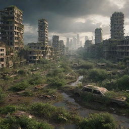 A scene depicting the end of human civilization, with abandoned cities gradually being reclaimed by nature.