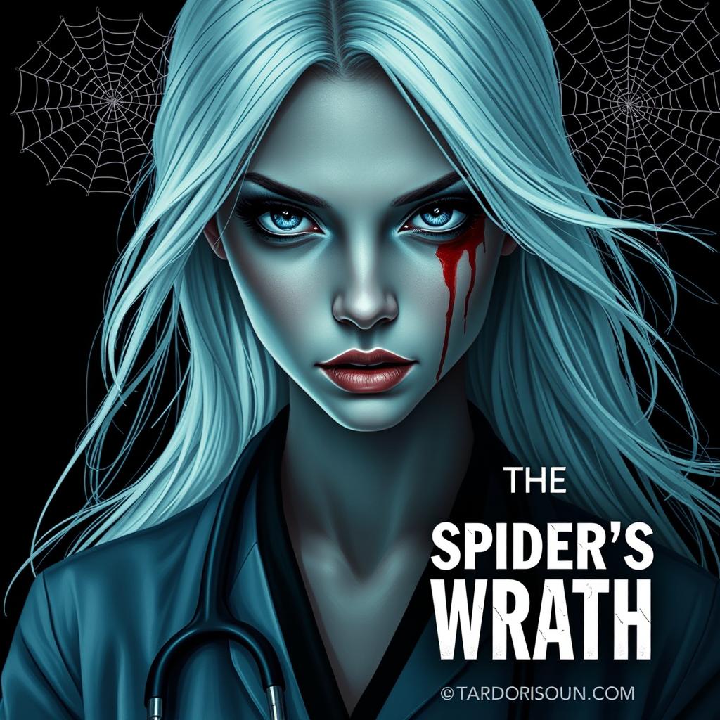 A modern horror movie poster with a dark theme, featuring a deep black background that highlights a single, captivating figure: an extraordinarily beautiful woman with long, flowing white hair and mesmerizing blue eyes