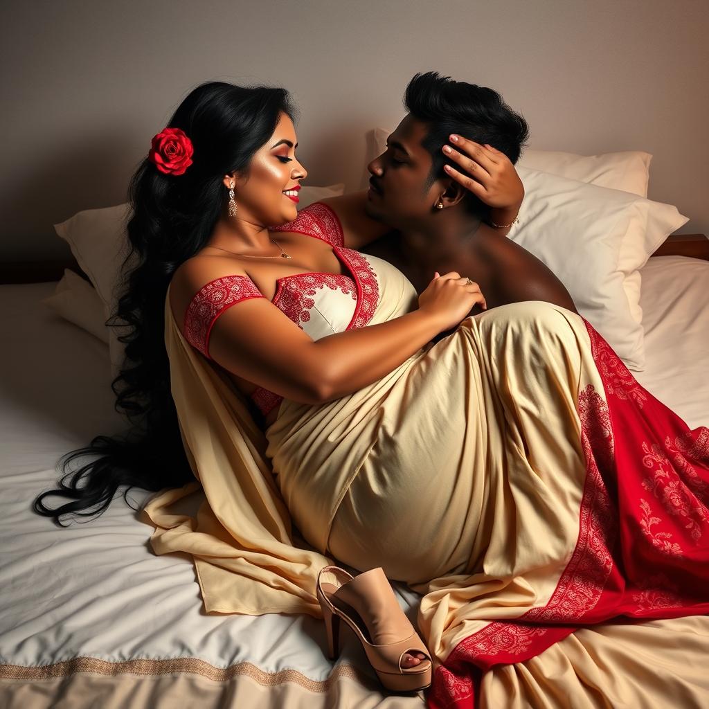 A stunningly beautiful Assamese woman with an alluring, sexy face, featuring big breasts and a voluptuous figure, engaging in a romantic and intimate moment with her totally dark-skinned boyfriend