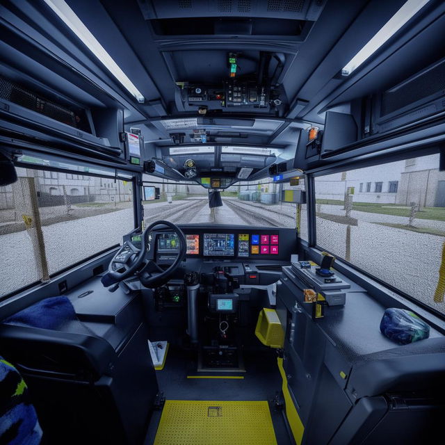 The interior of a penitentiary bus driver's cabin, featuring high-tech security dashboard, reinforced driver's seat, and an advanced feedback system to monitor the onboard prisoner compartments.