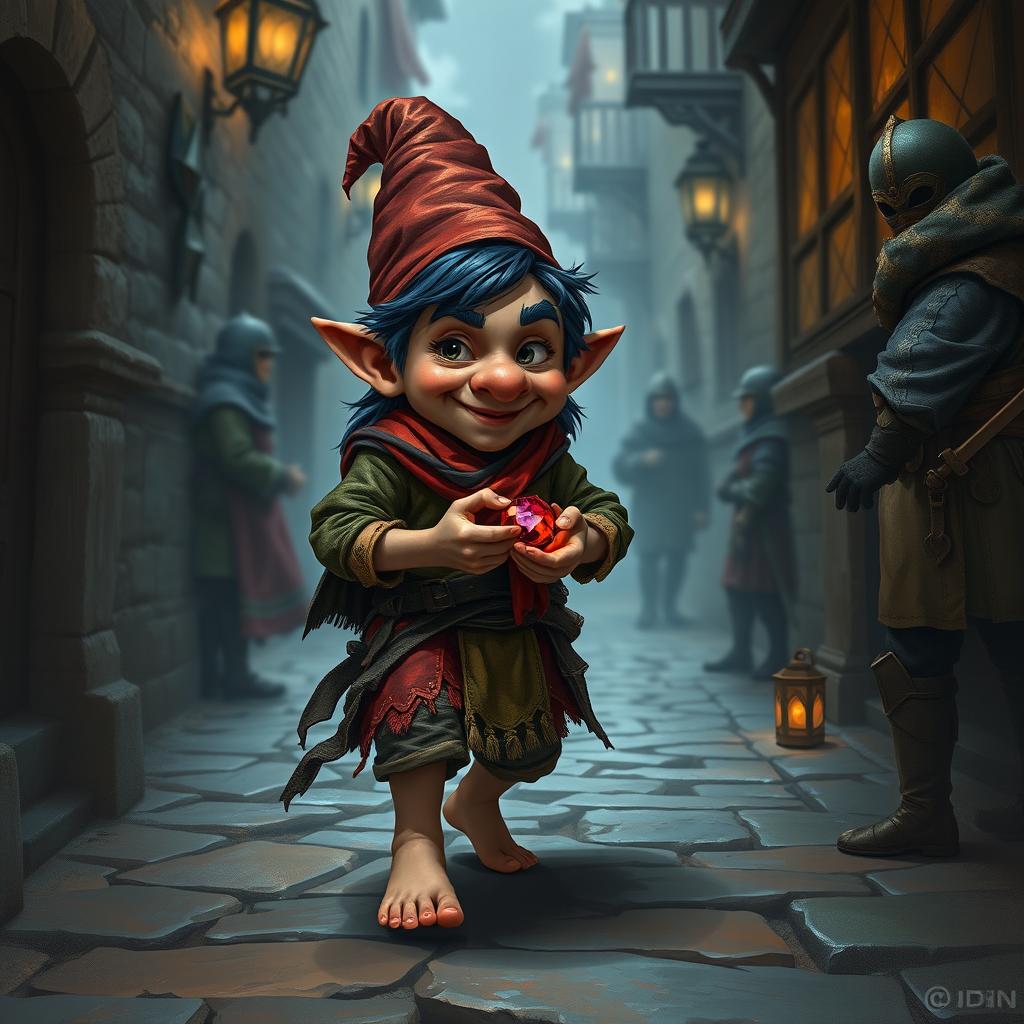 A D&D character, a gnome rogue, depicted as a very small human, standing at 1 meter tall