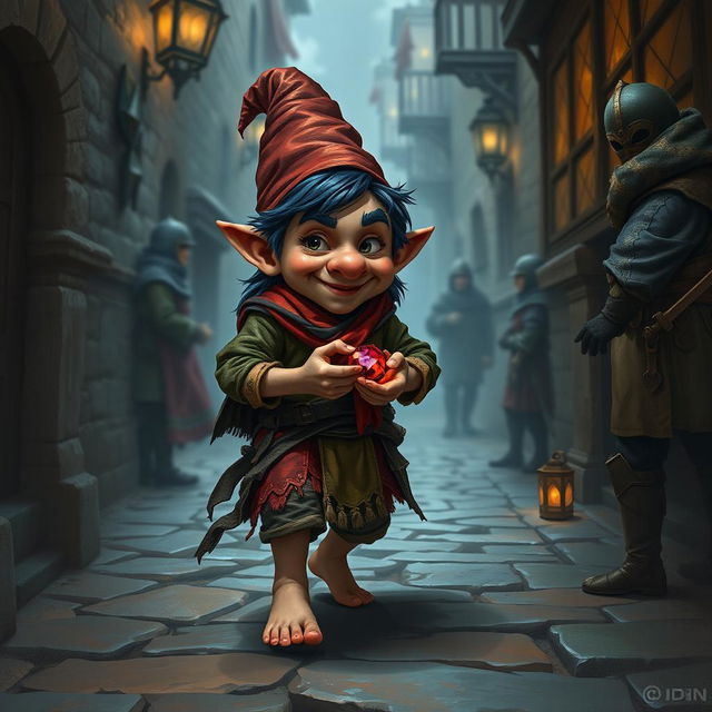 A D&D character, a gnome rogue, depicted as a very small human, standing at 1 meter tall