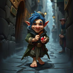 A D&D character, a gnome rogue, depicted as a very small human, standing at 1 meter tall