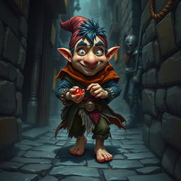 A D&D character, a gnome rogue, depicted as a very small human, standing at 1 meter tall