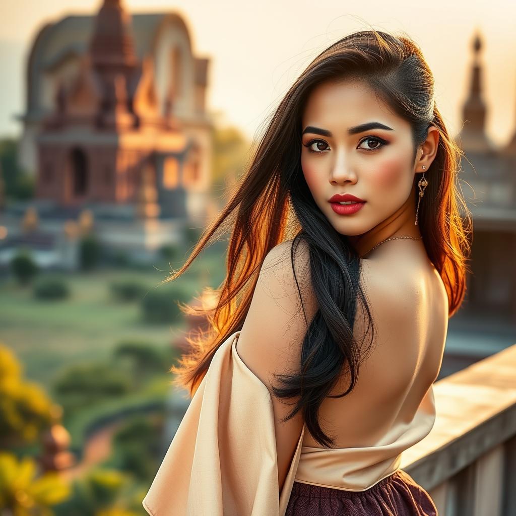 A 25-year-old stunning woman from Myanmar, showcasing her striking features with a provocative expression and elegant curves