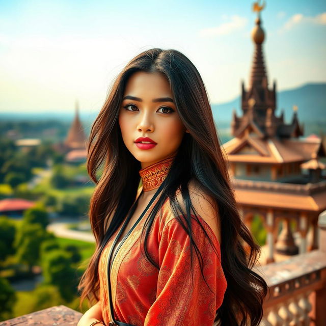 A 25-year-old stunning woman from Myanmar, showcasing her striking features with a provocative expression and elegant curves