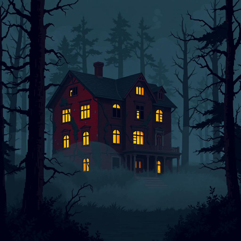 A pixel art style design featuring a scene titled 'Mansion Roja'