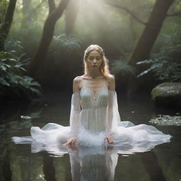 An ethereal and luminous spirit floating in a serene, otherworldly environment.