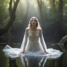 An ethereal and luminous spirit floating in a serene, otherworldly environment.