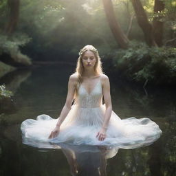 An ethereal and luminous spirit floating in a serene, otherworldly environment.