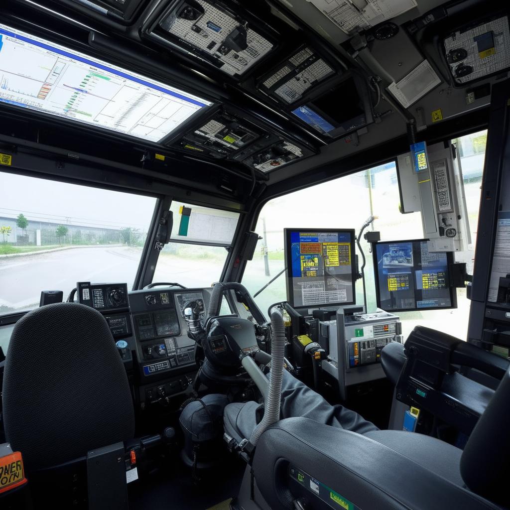 The interior of a penitentiary bus driver's cabin, featuring high-tech security dashboard, reinforced driver's seat, and an advanced feedback system to monitor the onboard prisoner compartments.