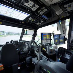 The interior of a penitentiary bus driver's cabin, featuring high-tech security dashboard, reinforced driver's seat, and an advanced feedback system to monitor the onboard prisoner compartments.