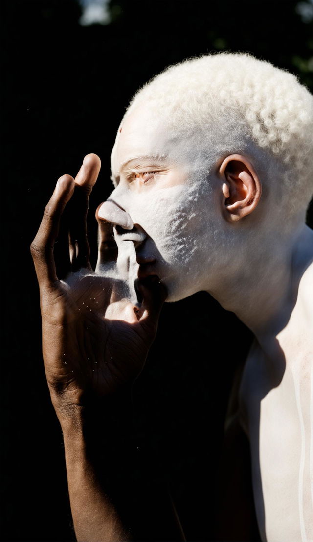 High-resolution candid photograph of a black African-American albino man outdoors, holding up his hand to shade his eyes from the sun, captured in side profile. Detailed depiction of sunlight and dust particles.