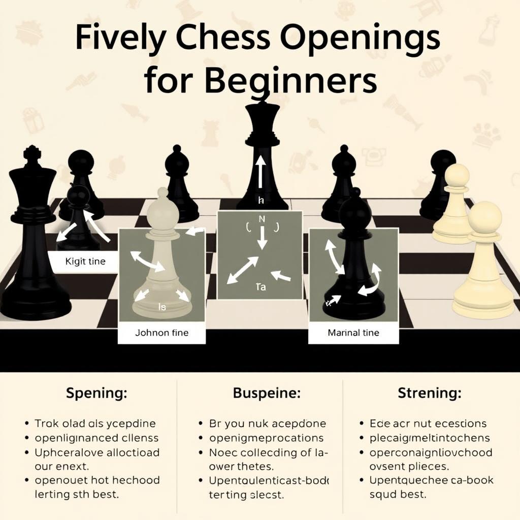 Five key chess openings for beginners, showcasing diagrams of each opening with clear labels and arrows indicating the best moves