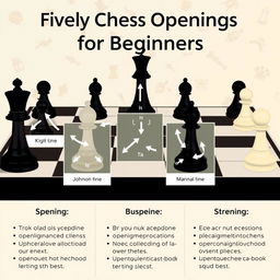 Five key chess openings for beginners, showcasing diagrams of each opening with clear labels and arrows indicating the best moves