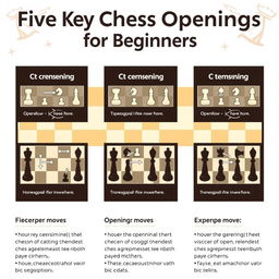 Five key chess openings for beginners, showcasing diagrams of each opening with clear labels and arrows indicating the best moves