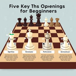 Five key chess openings for beginners, showcasing diagrams of each opening with clear labels and arrows indicating the best moves