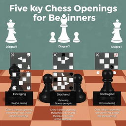 Five key chess openings for beginners, showcasing diagrams of each opening with clear labels and arrows indicating the best moves