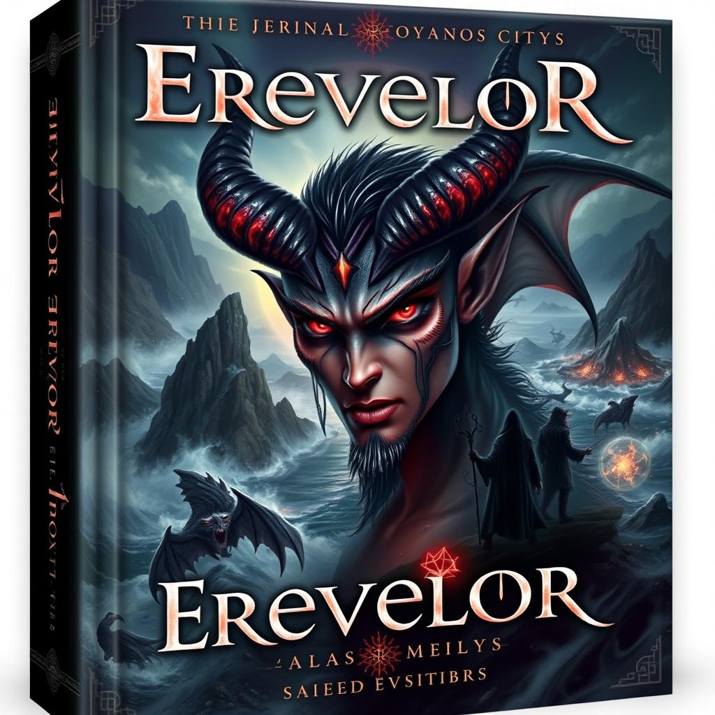 A book cover featuring a fictional coastal city named Erevelor in Alaska, characterized by a dark, demonic atmosphere filled with supernatural beings and elements of magic