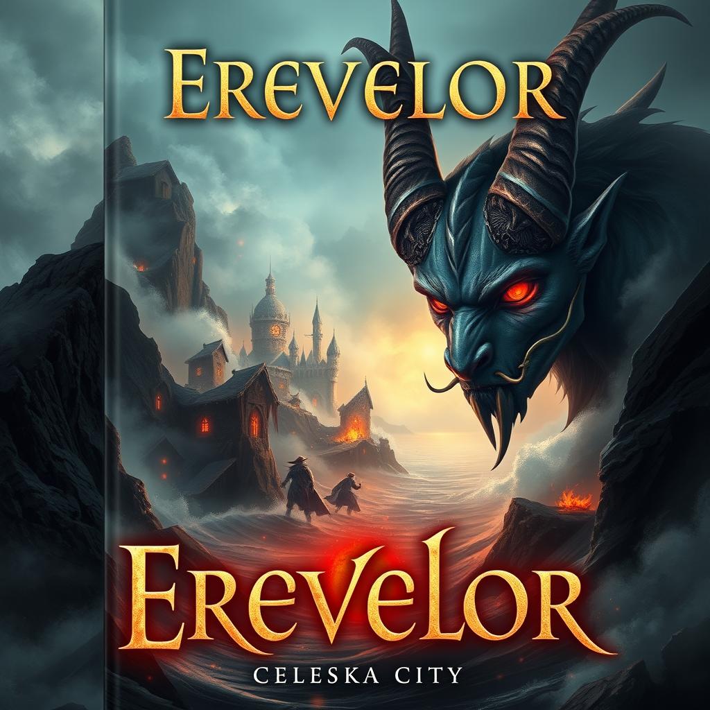 A book cover featuring a fictional coastal city named Erevelor in Alaska, characterized by a dark, demonic atmosphere filled with supernatural beings and elements of magic