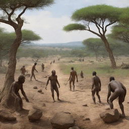 Early Homo Sapiens, the first humans, in a primeval landscape