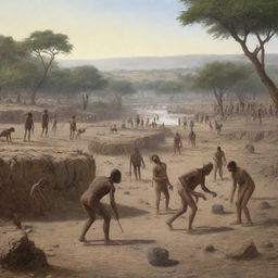 Early Homo Sapiens, the first humans, in a primeval landscape