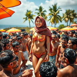 A vibrant beach scene featuring an Indonesian female wearing a hijab, elegantly styled, and playfully dressed in a bikini