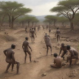 Early Homo Sapiens, the first humans, in a primeval landscape