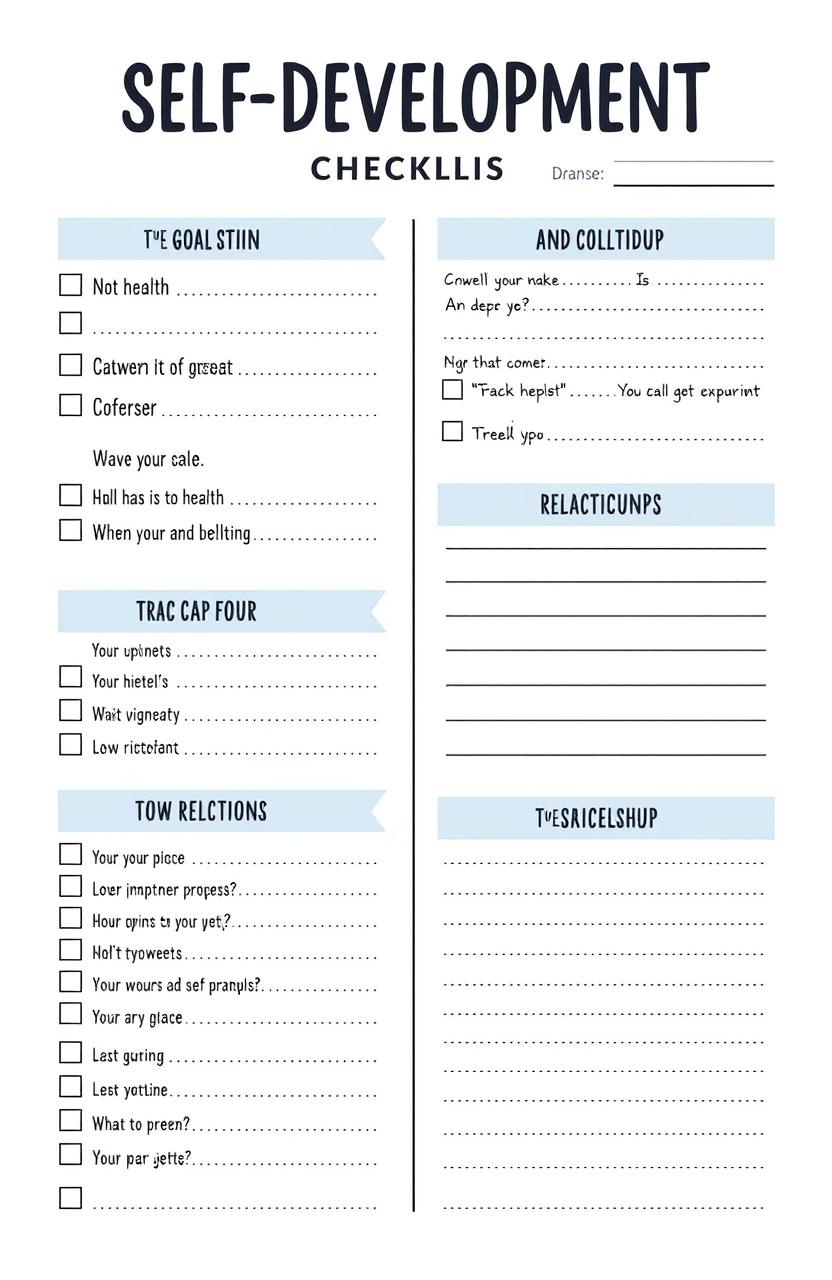 A visually engaging self-development checklist and worksheet designed for personal growth, featuring clear sections for goal setting, tracking progress, and reflection